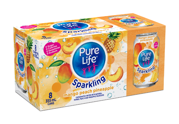 Pure Life Canada Sparkling Mango Peach Pineapple 355mL Can 8pack English
